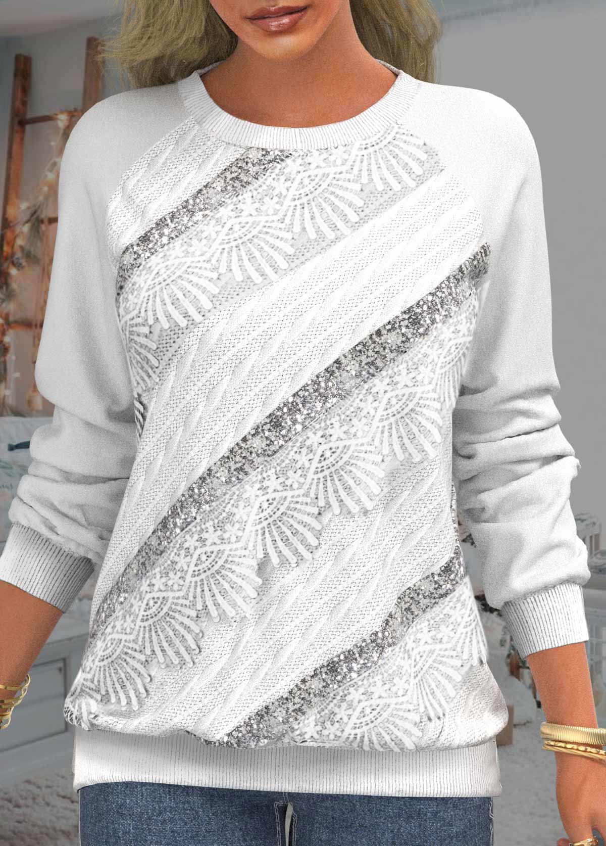 White tops,Plain Color tops,ROTITA White Sequin Long Sleeve Lace Patchwork Sweatshirt