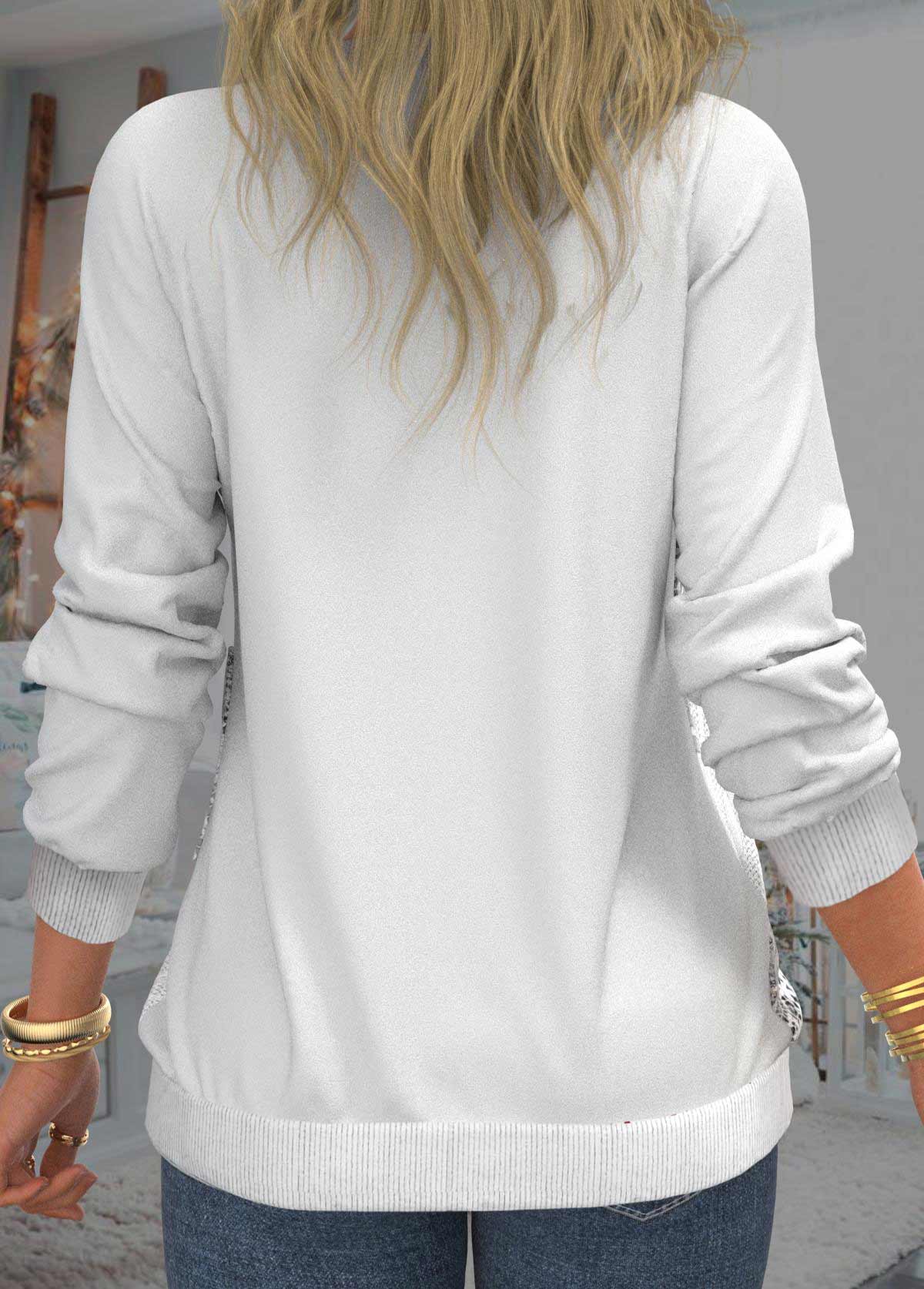 White tops,Plain Color tops,ROTITA White Sequin Long Sleeve Lace Patchwork Sweatshirt