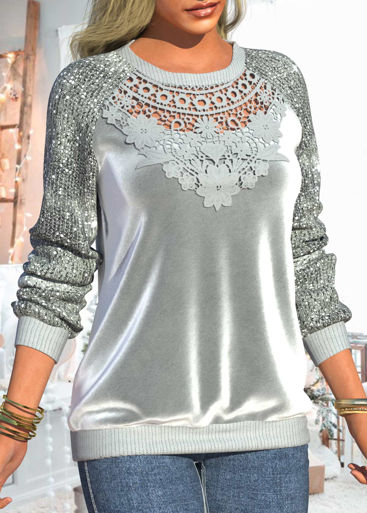 Grey tops,Plain Color tops,ROTITA Lace Sequin Grey Velvet Stitching Round Neck Sweatshirt