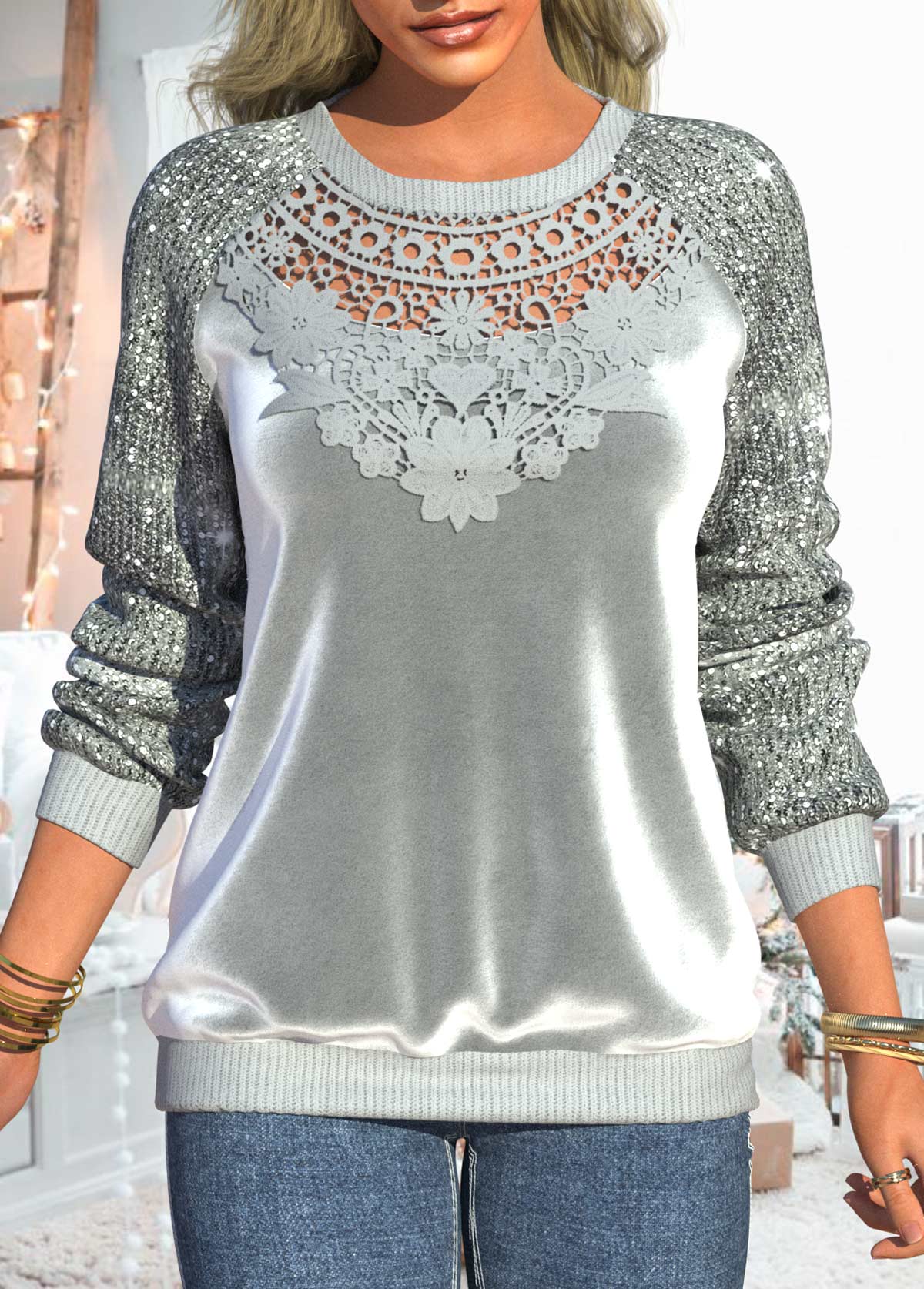 Grey tops,Plain Color tops,ROTITA Lace Sequin Grey Velvet Stitching Round Neck Sweatshirt