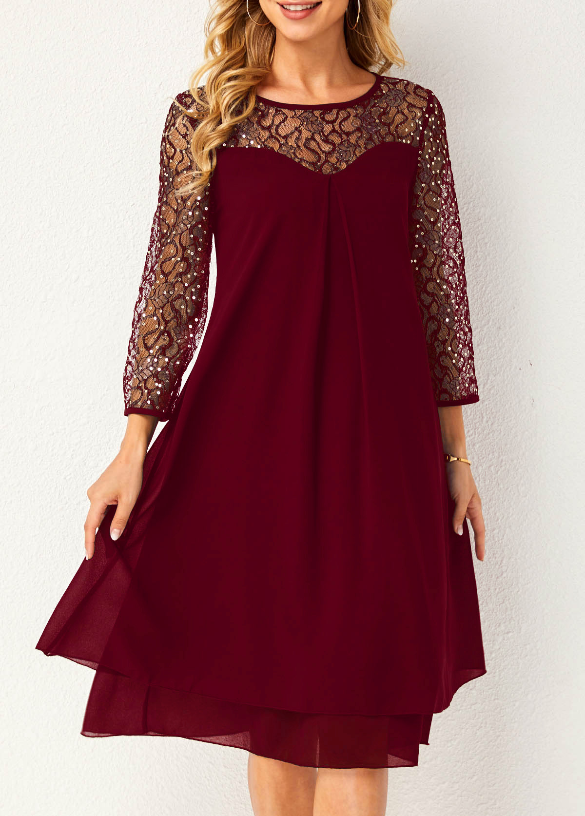 ROTITA Sequin Lace Stitching Wine Red Dress