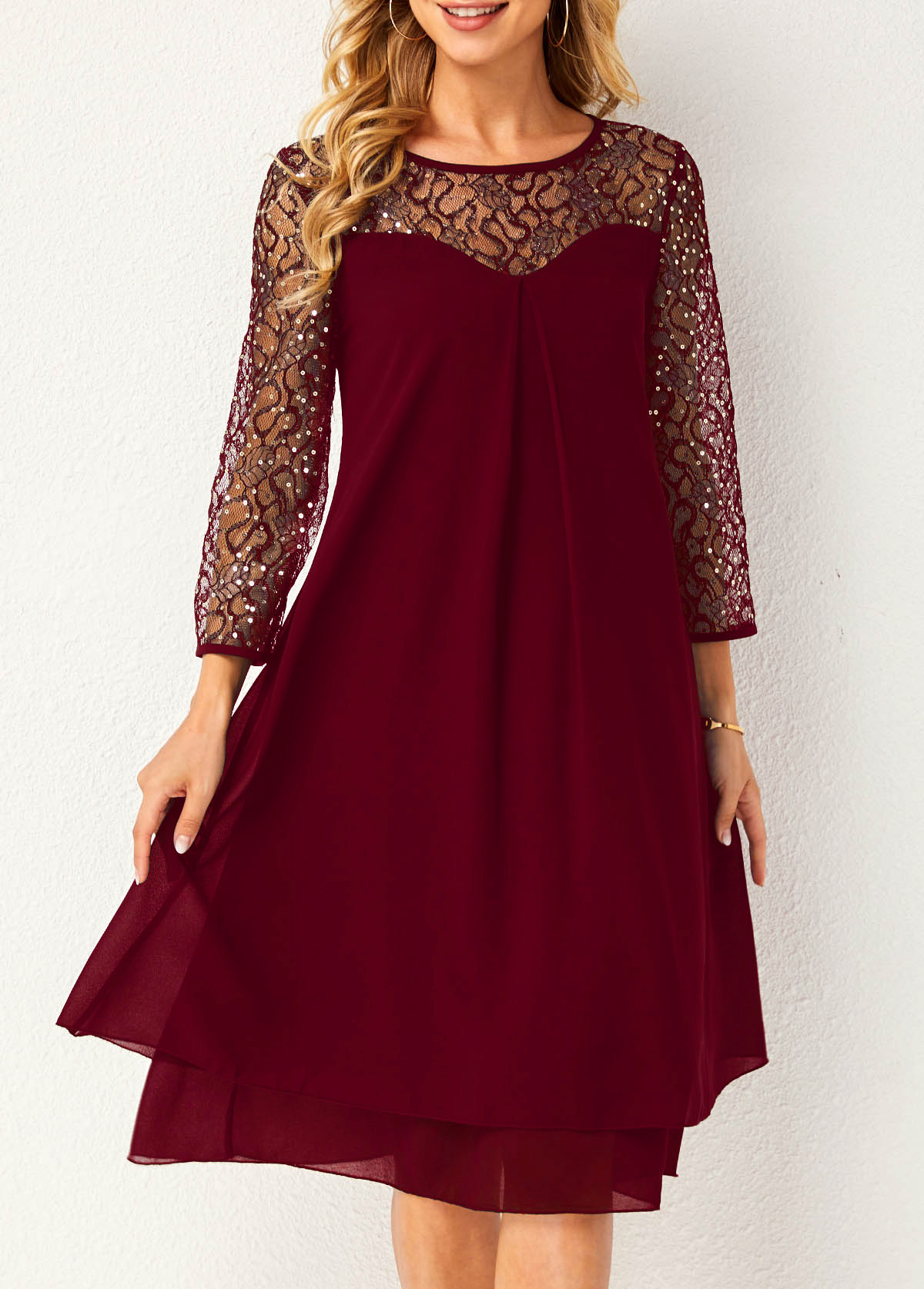 Wine Red dresses,Plain Color dresses,ROTITA Sequin Lace Stitching Wine Red Dress