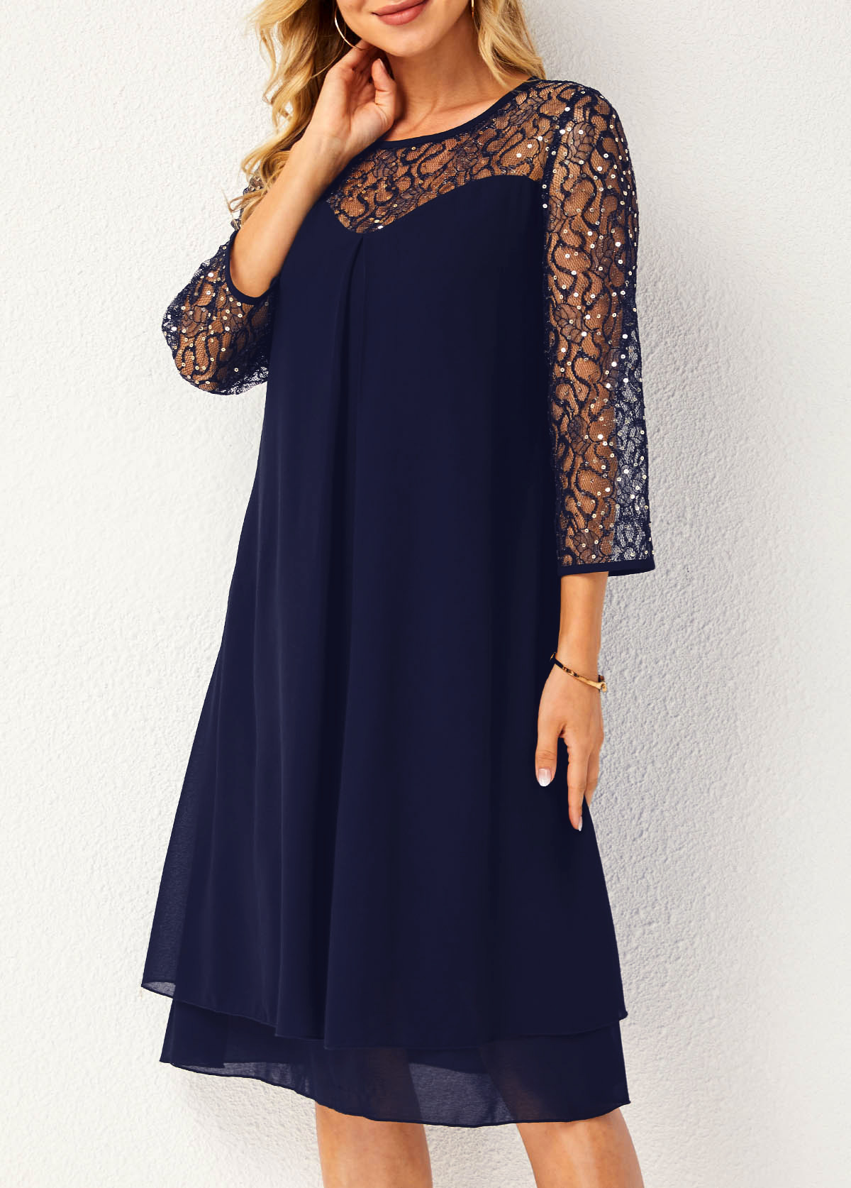 Navy dresses,Plain Color dresses,ROTITA Lace Stitching Sequin Navy Blue Dress