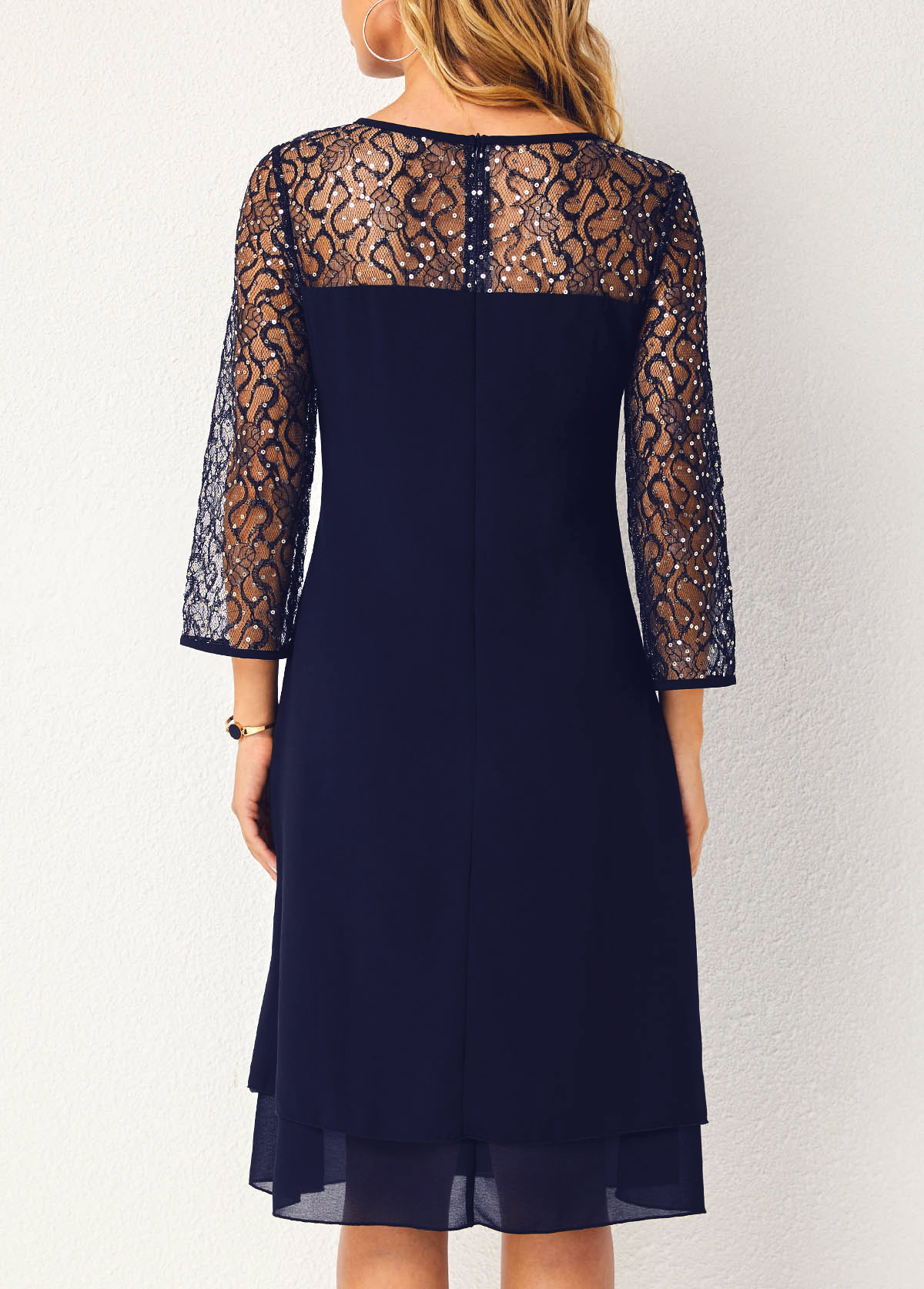 Navy dresses,Plain Color dresses,ROTITA Lace Stitching Sequin Navy Blue Dress