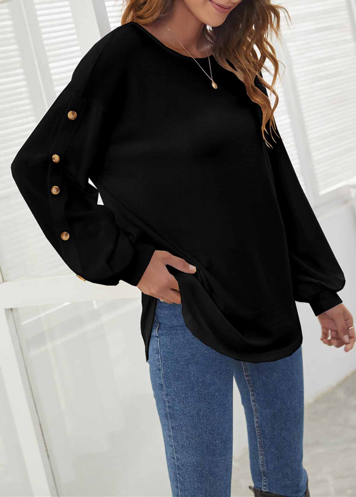 Black tops,Plain Color tops,Decorative Button Black Long Sleeve T Shirt