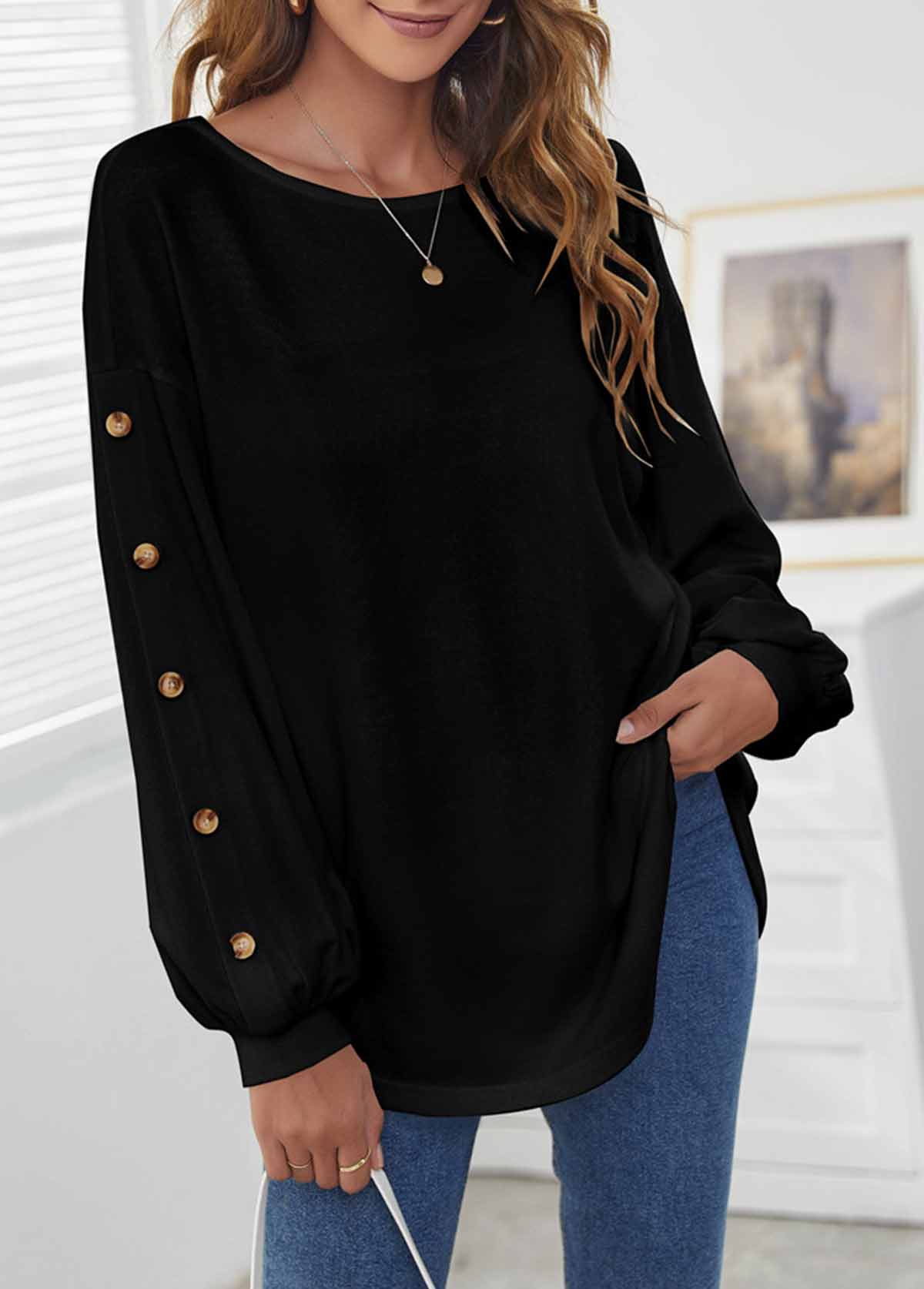 Black tops,Plain Color tops,Decorative Button Black Long Sleeve T Shirt
