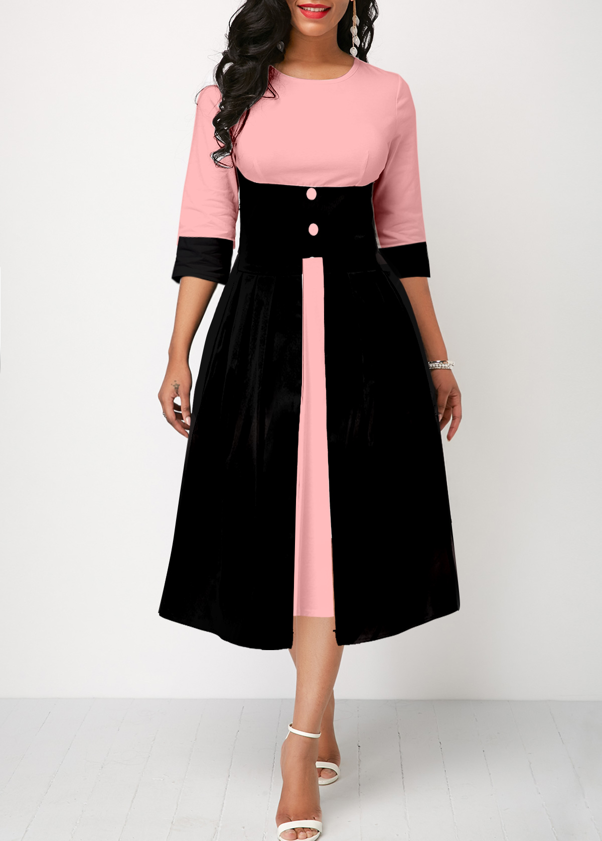 ROTITA Faux Two Piece Pink High Waisted Round Neck Dress