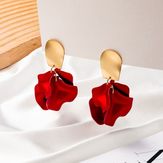Wine Red Petal Shape Metal Detail Valentines Earrings