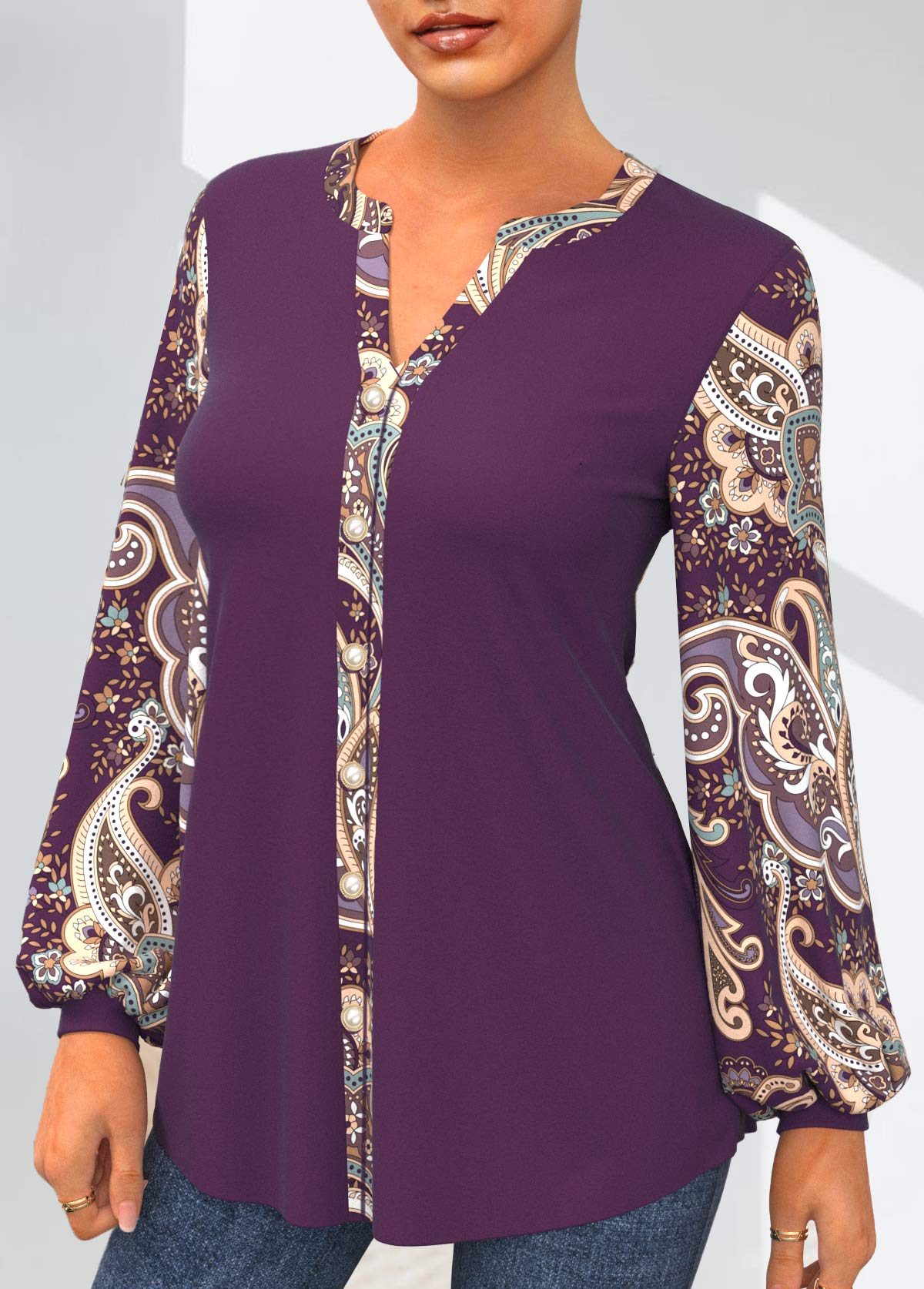Purple tops,Paisley tops,ROTITA Paisley Print Purple Split Neck Blouse