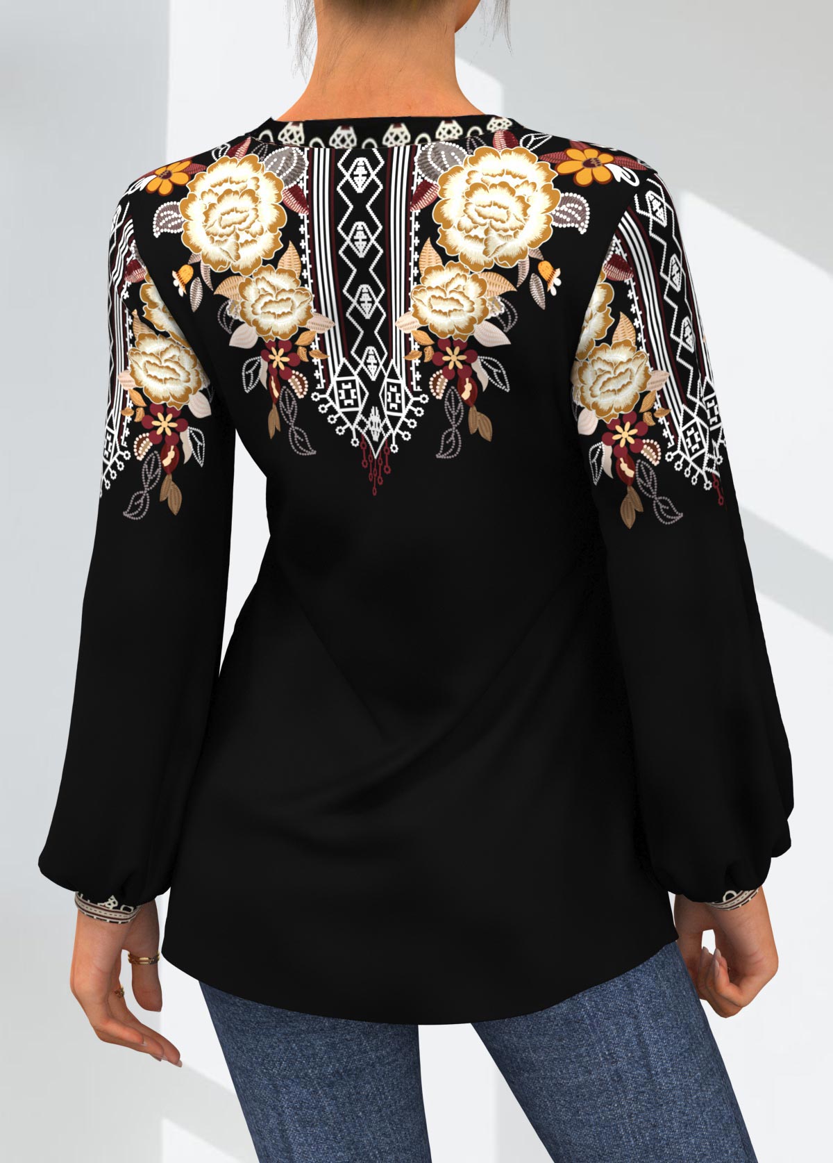 ROTITA Gold Tribal Print Split Neck Blouse | Rotita.com - USD $9.99