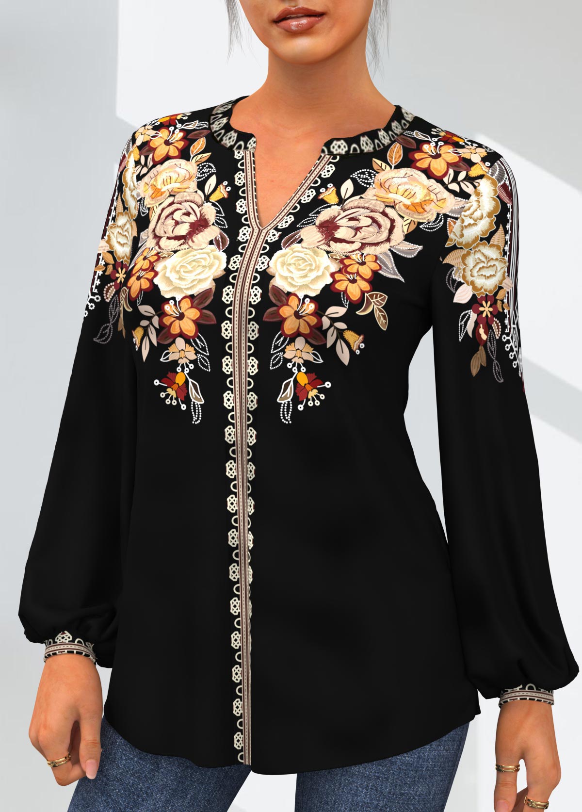 Gold tops,Tribal tops,ROTITA Gold Tribal Print Split Neck Blouse