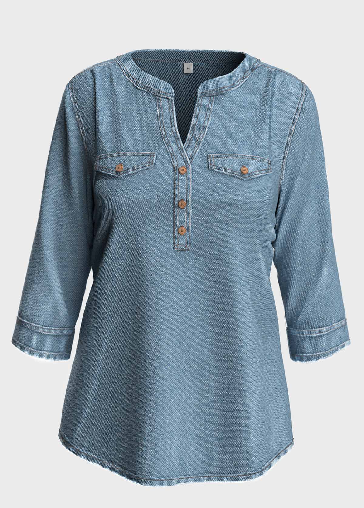 Denim Blue tops,Plain Color tops,ROTITA Split Neck Denim Blue 3/4 Sleeve Blouse