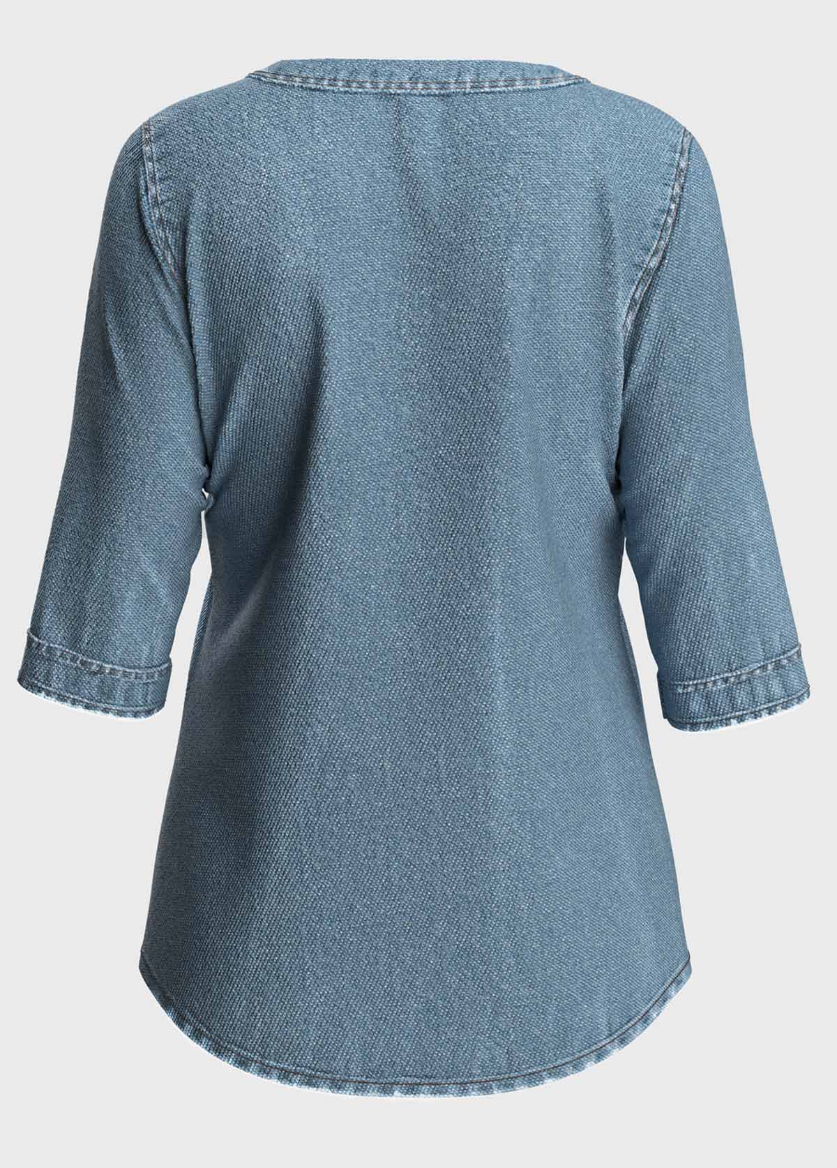 Denim Blue tops,Plain Color tops,ROTITA Split Neck Denim Blue 3/4 Sleeve Blouse