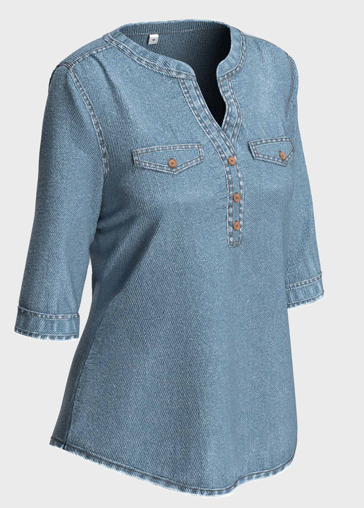 Denim Blue tops,Plain Color tops,ROTITA Split Neck Denim Blue 3/4 Sleeve Blouse