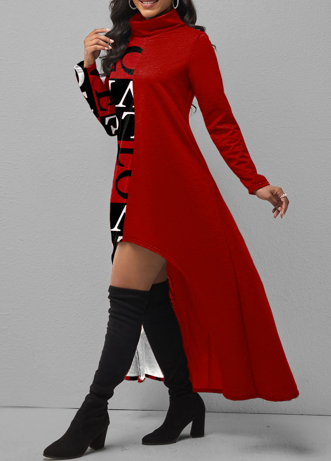 Red dresses,Letter dresses,ROTITA Turtleneck Letter Print Red Dip Hem Dress