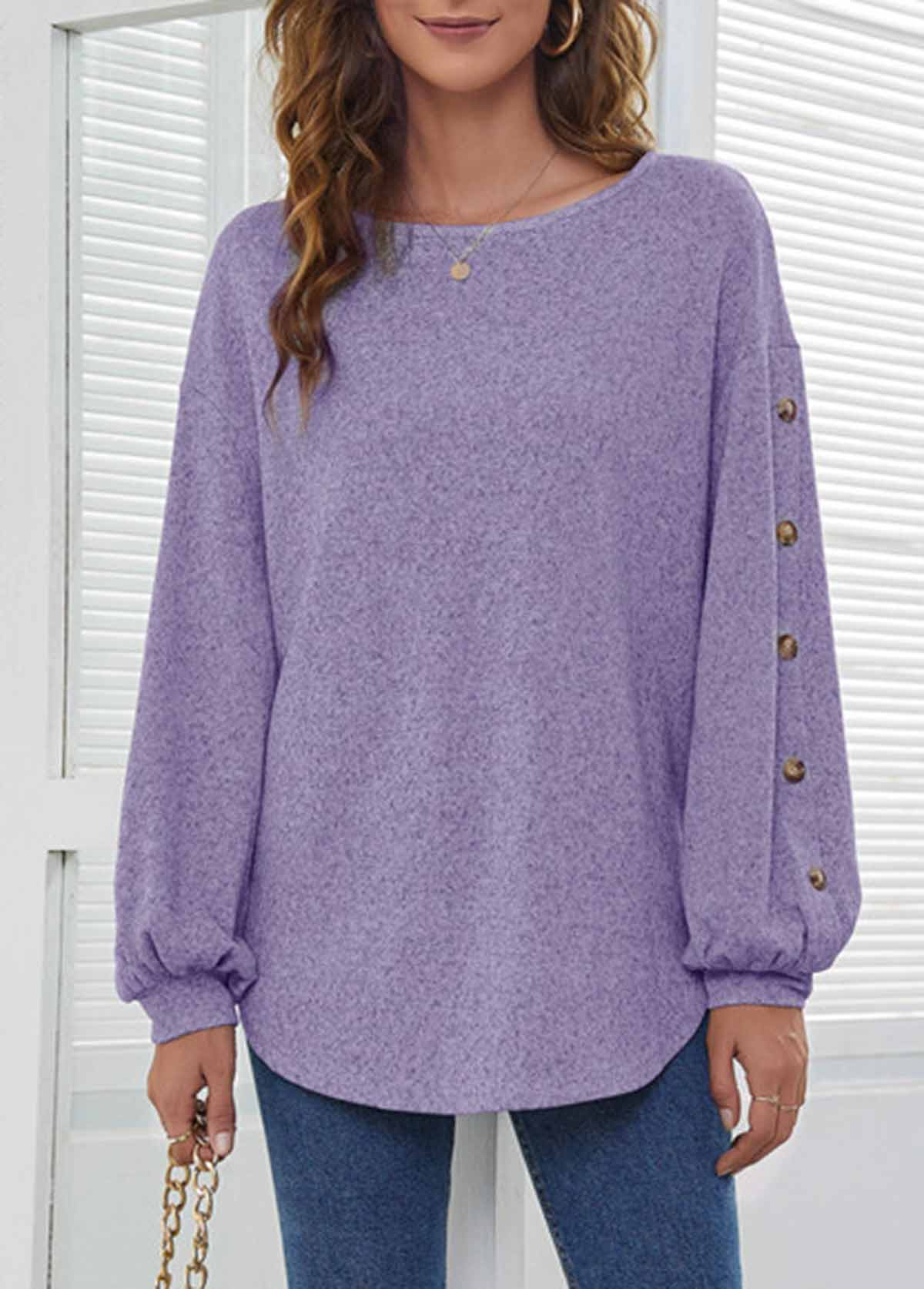 ROTITA Decorative Button Purple Long Sleeve T Shirt