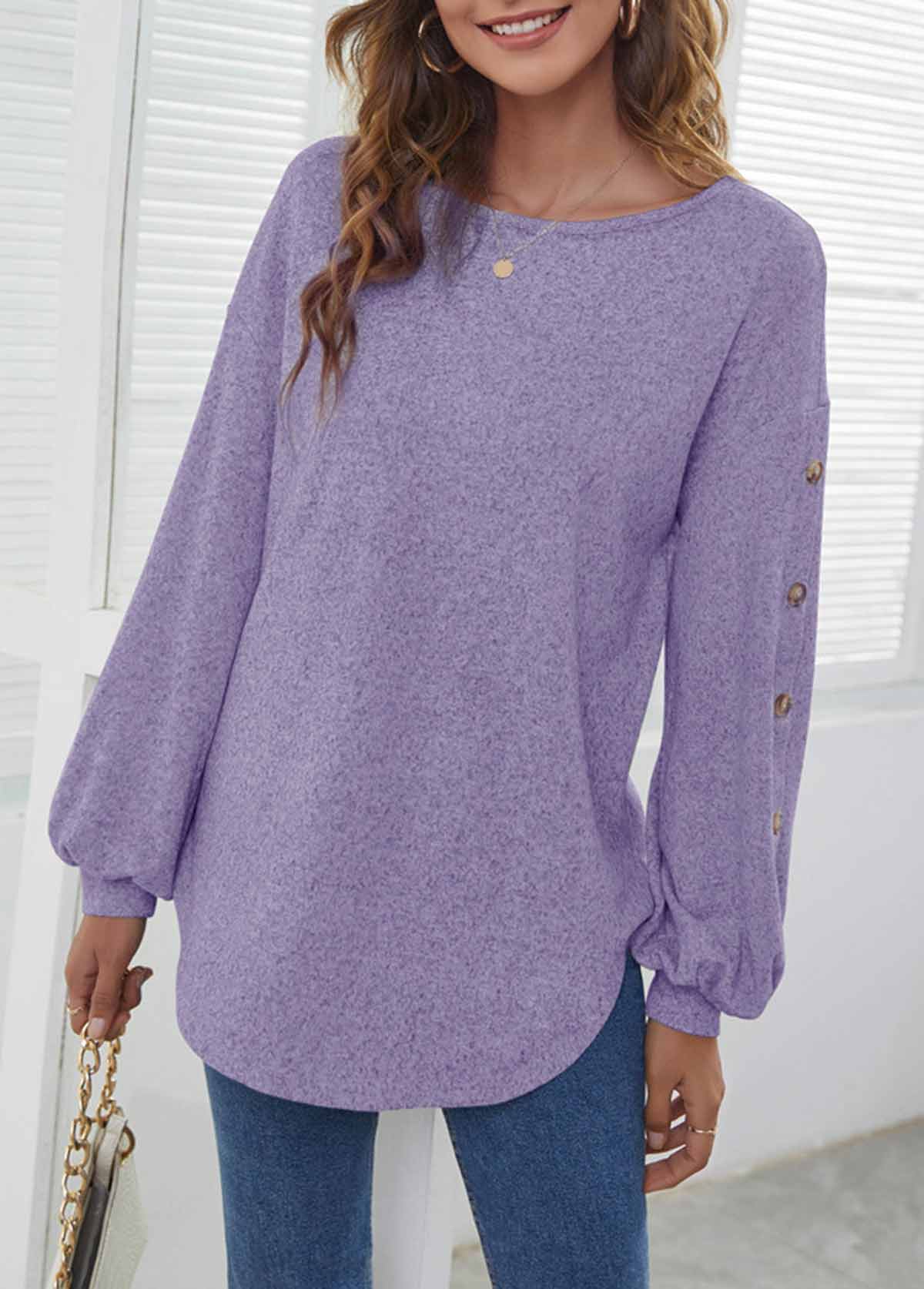 Purple tops,Plain Color tops,ROTITA Decorative Button Purple Long Sleeve T Shirt
