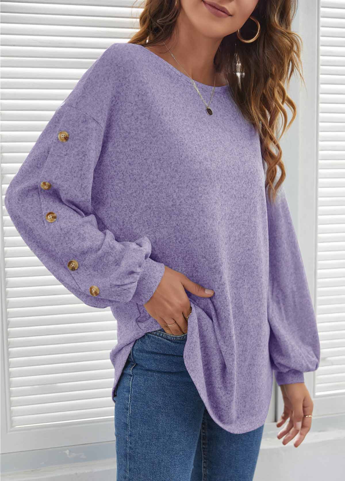 Purple tops,Plain Color tops,ROTITA Decorative Button Purple Long Sleeve T Shirt