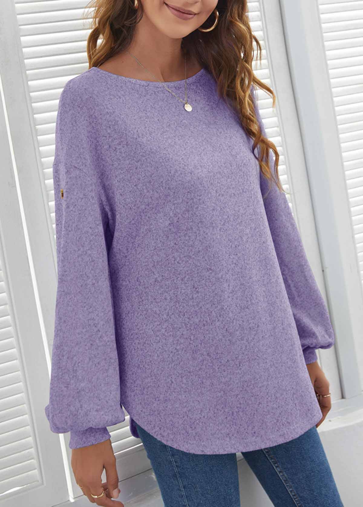 Purple tops,Plain Color tops,ROTITA Decorative Button Purple Long Sleeve T Shirt