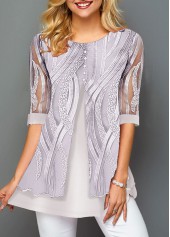 Light Grey tops,Plain Color tops,ROTITA Embroidery Light Grey Round Neck Fake Two Piece Twinset