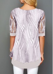 Light Grey tops,Plain Color tops,ROTITA Embroidery Light Grey Round Neck Fake Two Piece Twinset