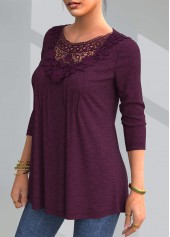 Dark Purple tops,Plain Color tops,ROTITA Solid Lace Patchwork Round Neck T Shirt