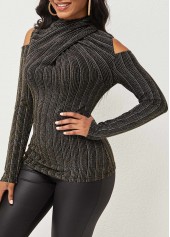 Black tops,Striped tops,ROTITA Striped Cold Shoulder Long Sleeve T Shirt