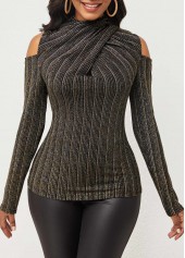 Black tops,Striped tops,ROTITA Striped Cold Shoulder Long Sleeve T Shirt