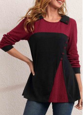 ROTITA Contrast Decorative Button Long Sleeve T Shirt