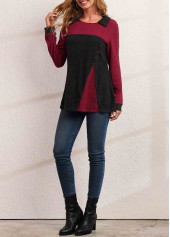 Black tops,Contrast Color tops,ROTITA Contrast Decorative Button Long Sleeve T Shirt