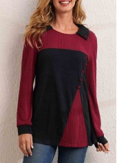 Black tops,Contrast Color tops,ROTITA Contrast Decorative Button Long Sleeve T Shirt