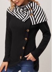 Black tops,Striped tops,ROTITA Striped Black Decorative Button Cape Sleeve Sweatshirt