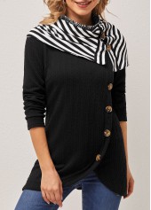 Black tops,Striped tops,ROTITA Striped Black Decorative Button Cape Sleeve Sweatshirt