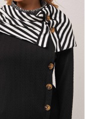 Black tops,Striped tops,ROTITA Striped Black Decorative Button Cape Sleeve Sweatshirt