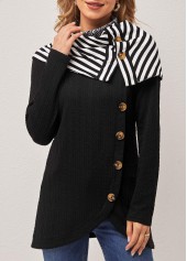 ROTITA Striped Black Decorative Button Cape Sleeve Sweatshirt