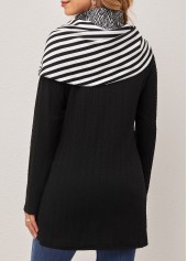 Black tops,Striped tops,ROTITA Striped Black Decorative Button Cape Sleeve Sweatshirt