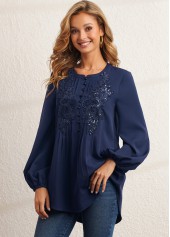 Navy tops,Plain Color tops,ROTITA Sequin Flower Applique Crinkle Chest Navy Blue Blouse