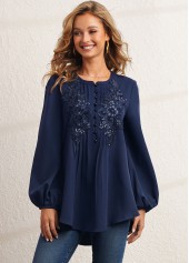 Navy tops,Plain Color tops,ROTITA Sequin Flower Applique Crinkle Chest Navy Blue Blouse