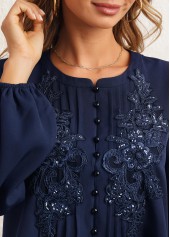 Navy tops,Plain Color tops,ROTITA Sequin Flower Applique Crinkle Chest Navy Blue Blouse