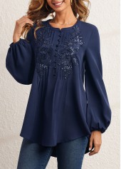 ROTITA Sequin Flower Applique Crinkle Chest Navy Blue Blouse