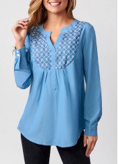 ROTITA Split Neck Faux Denim Long Sleeve Blouse