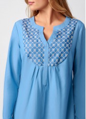 Denim Blue tops,Plain Color tops,ROTITA Split Neck Faux Denim Long Sleeve Blouse