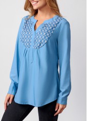 Denim Blue tops,Plain Color tops,ROTITA Split Neck Faux Denim Long Sleeve Blouse