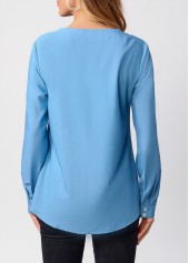 Denim Blue tops,Plain Color tops,ROTITA Split Neck Faux Denim Long Sleeve Blouse