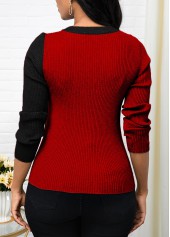 Red tops,Contrast Color tops,ROTITA Patchwork Asymmetrical Neck Long Sleeve Sweater