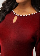 Wine Red tops,Plain Color tops,ROTITA Pearl Detail Wine Red Keyhole Neckline Sweater