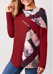 Wine Red tops,Geometric tops,ROTITA Polka Dot Wine Red Decorative Button Valentines T Shirt