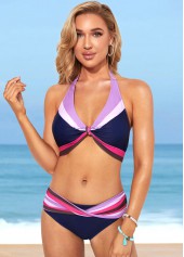Striped swimwear,ROTITA Color Block Navy Blue Tie Back Bikini Set