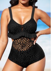 ROTITA Black Lace Patchwork Flounce Pierced One Piece Swimwear