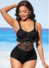 Black swimwear,Plain Color swimwear,ROTITA Black Lace Patchwork Flounce Pierced One Piece Swimwear
